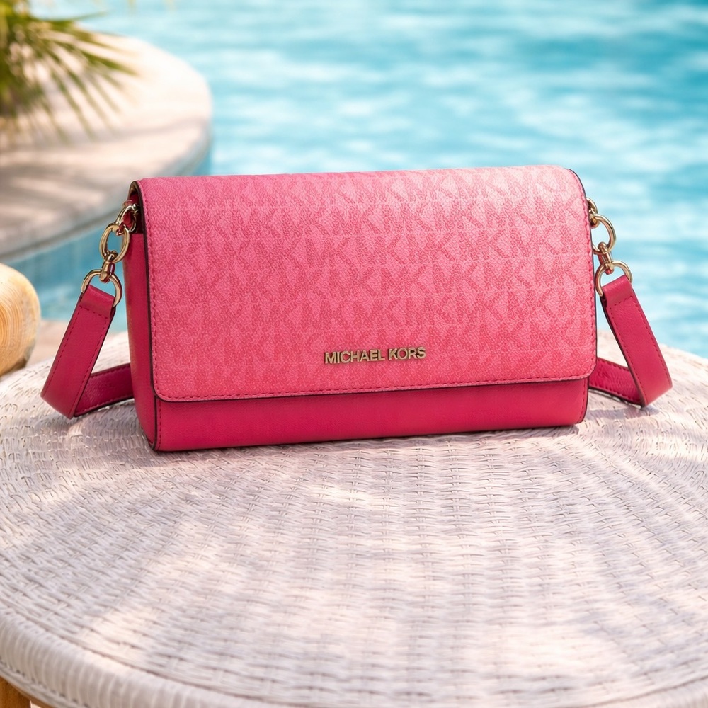 Michael Kors pink  jet set Crossbody large wallet, bag zip around hibiscus ombre - Picture 2 of 9